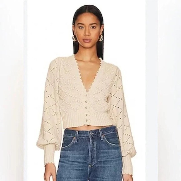 Free People Polly Pom Open Stitch crochet Crop Cardigan in Oatmeal sz LG - Picture 1 of 11